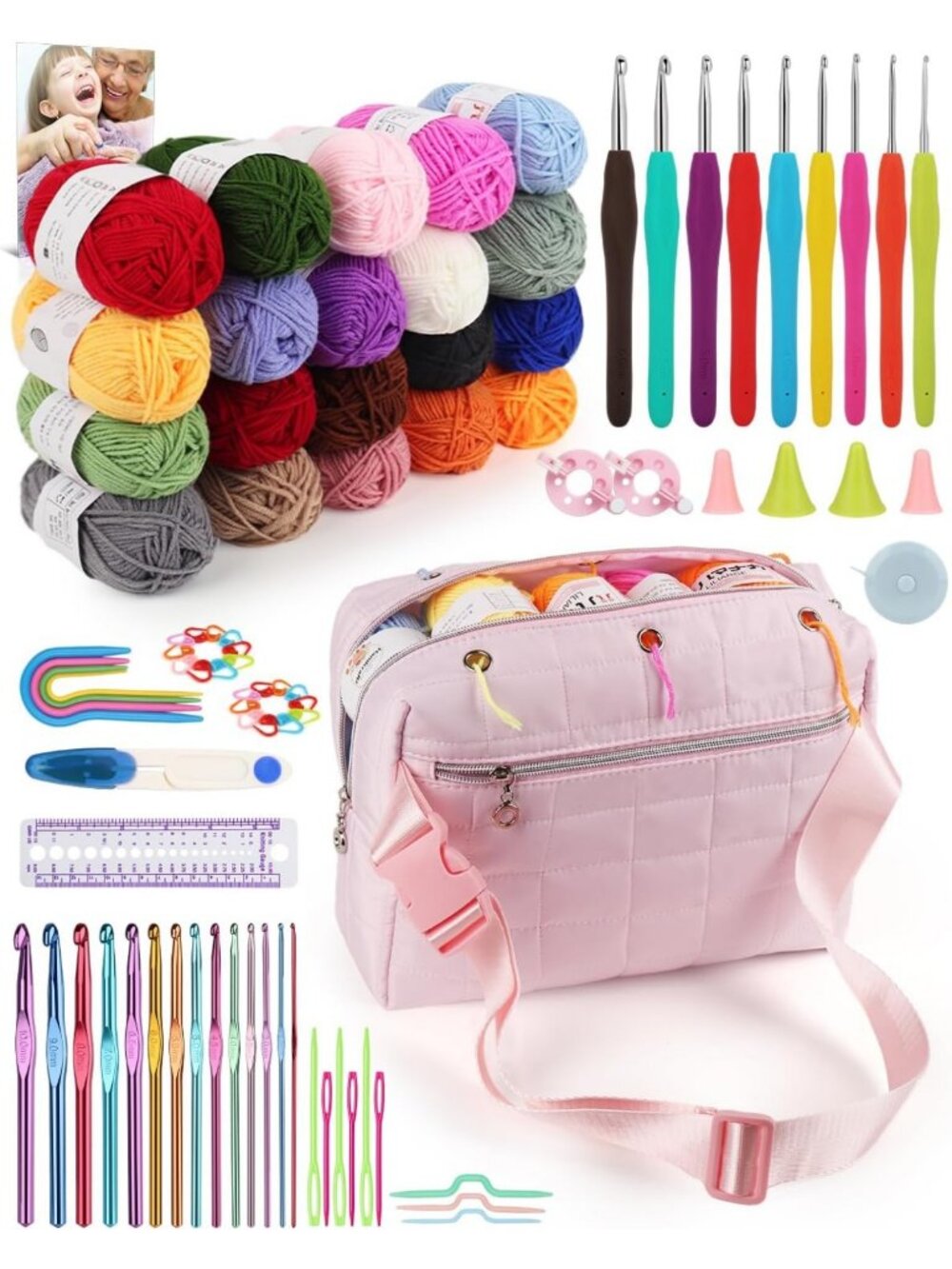 Complete Crochet Kit for Beginners & Adults - Yarn Craft Set in Pink